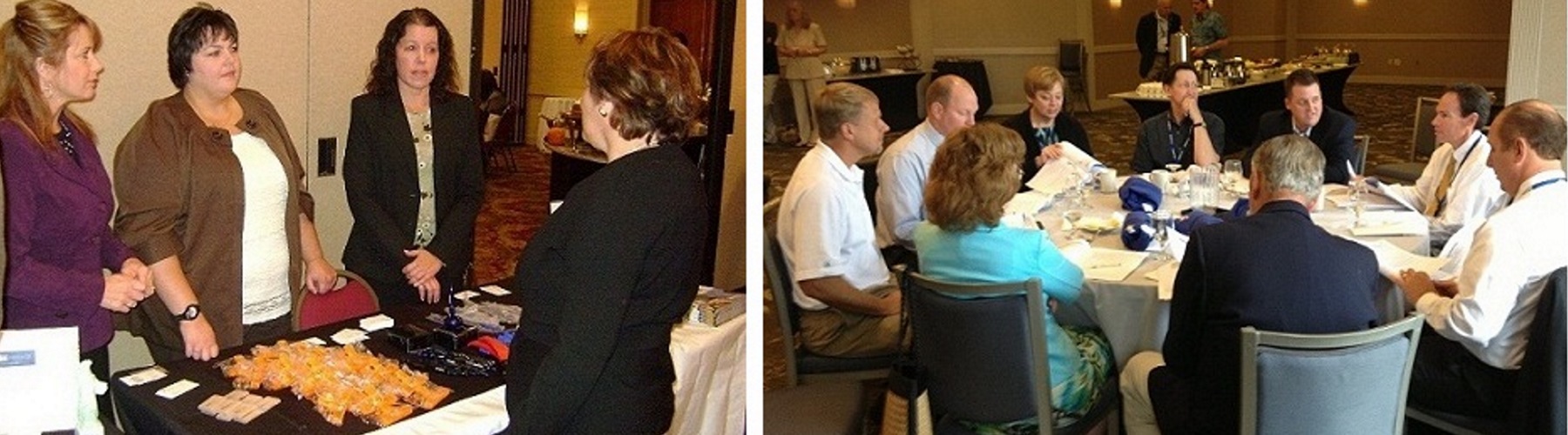 groups of professionals sitting and standing around tables